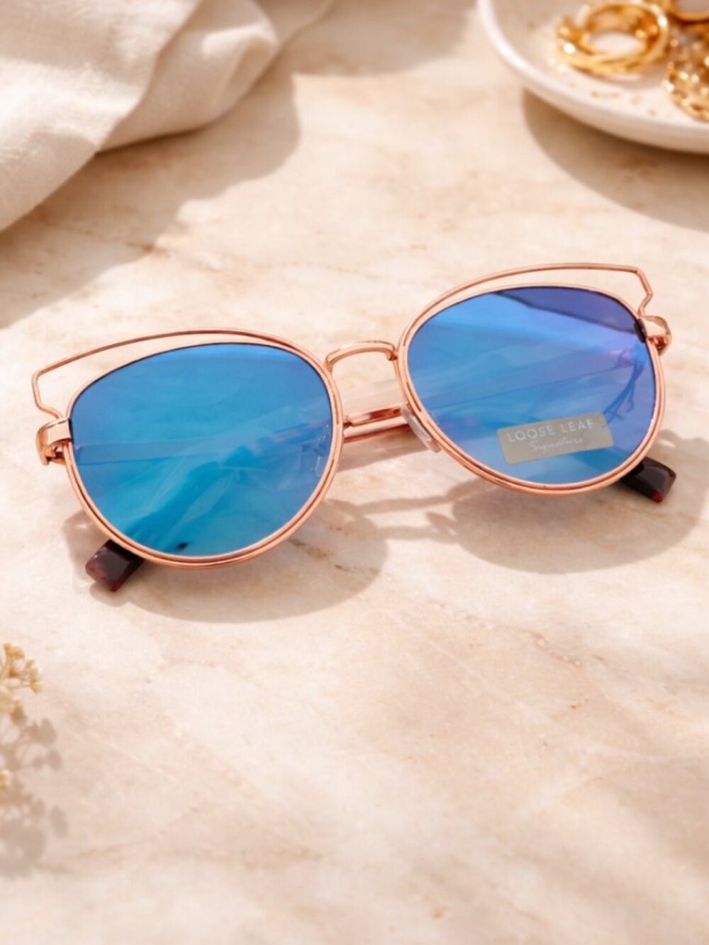 Loose Leaf Signature Blue Mirrored Round Sunglasses Rose Gold Chic UV Style